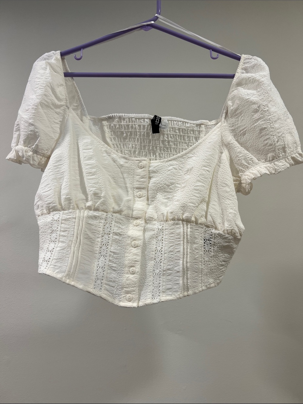 Divided White Button-Front Textured Puff Sleeve Crop Top